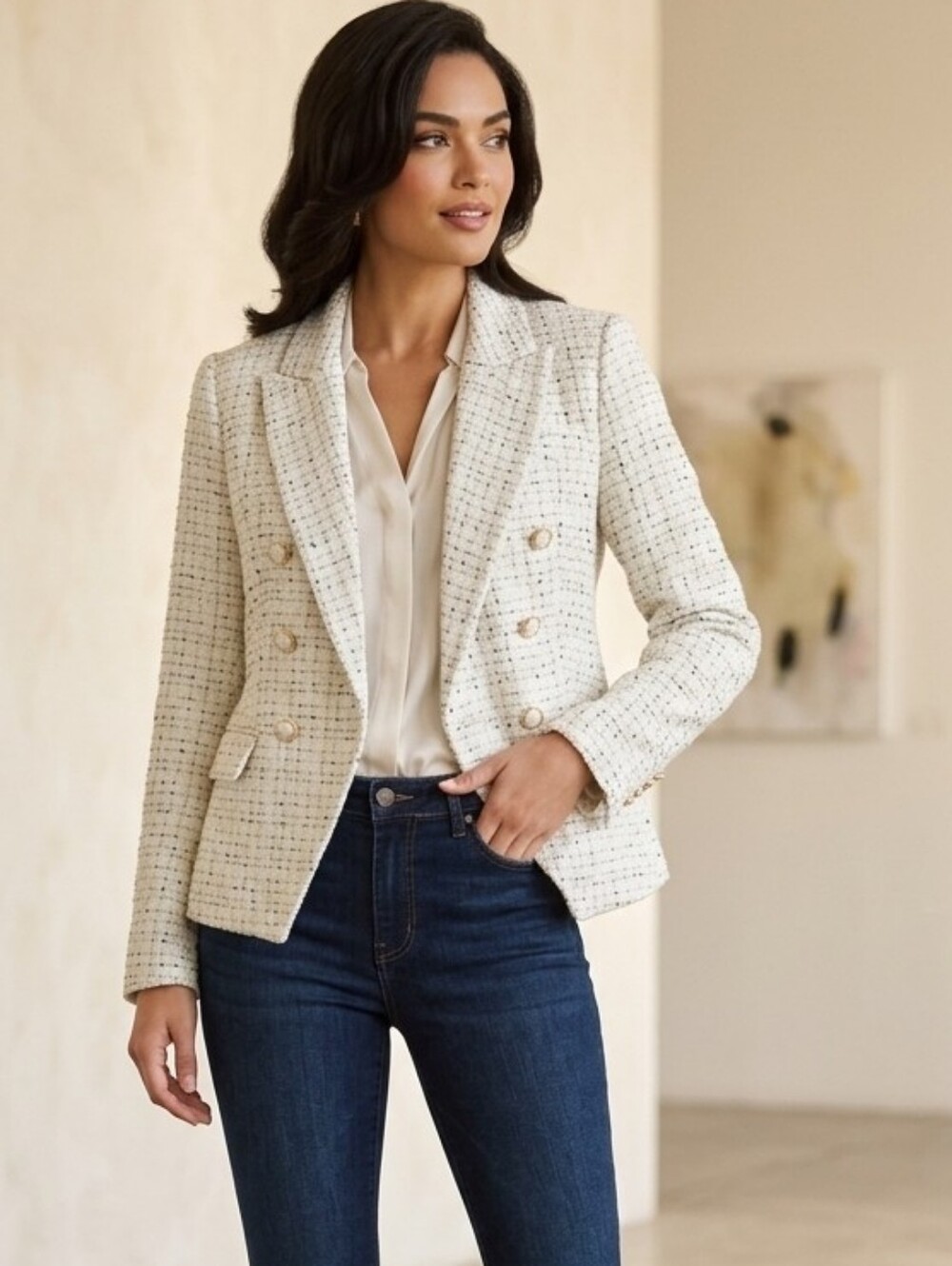 Rachel Zoe White With Gold And Black Tweed Double Breasted Blazer Women's Size S
